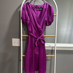DKNY Purple Puff Sleeve V-Neck Mini Dress
